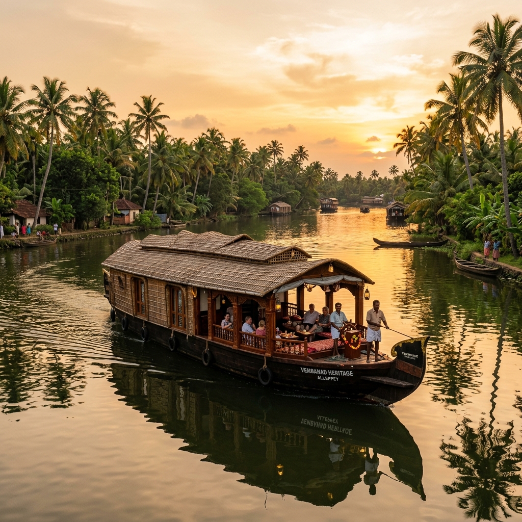 Traditional wooden houseboat in Alleppey backwaters